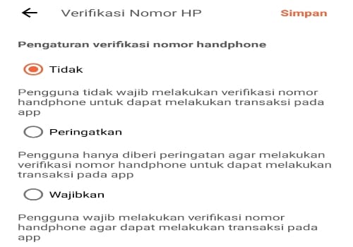 Fitur verifikasi nomor HP