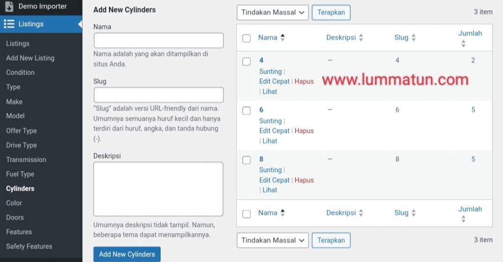 Menambahkan Cylinders di website mobil
