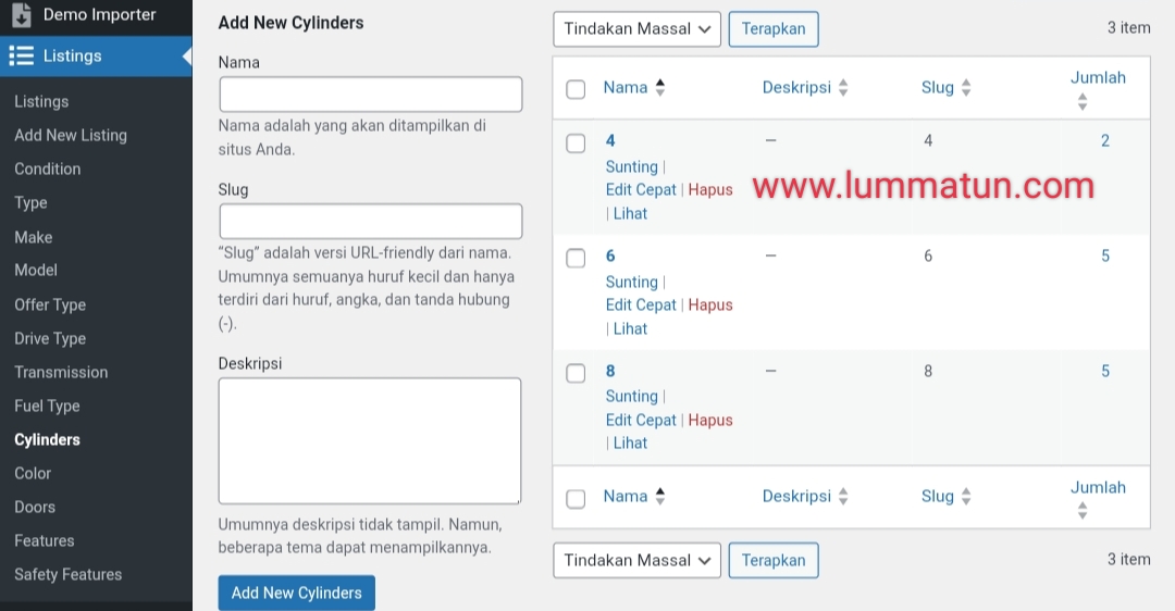 Menambahkan Cylinders di website mobil